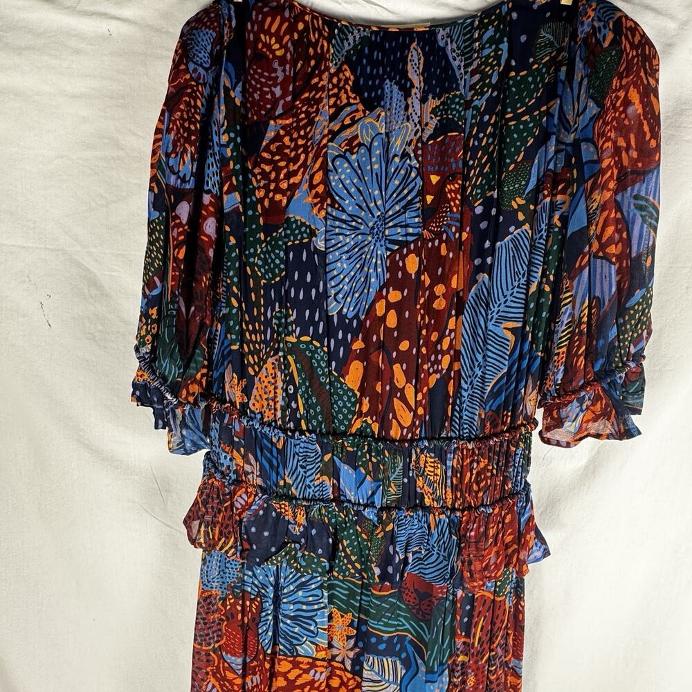 Farm Rio Blue Cool Leopard Print Ruffle Maxi Dress Small Belted V Neck Sun Wear - Picture 12 of 16